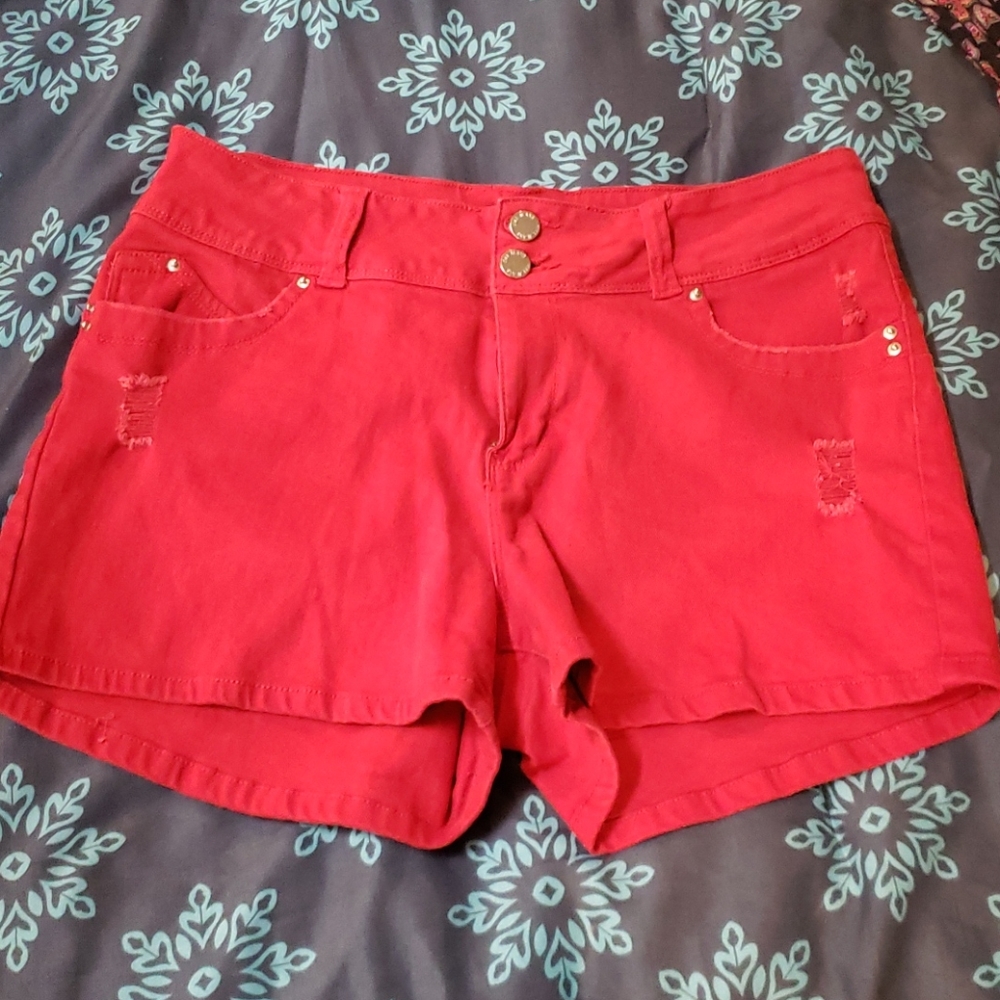 Red denim shorts